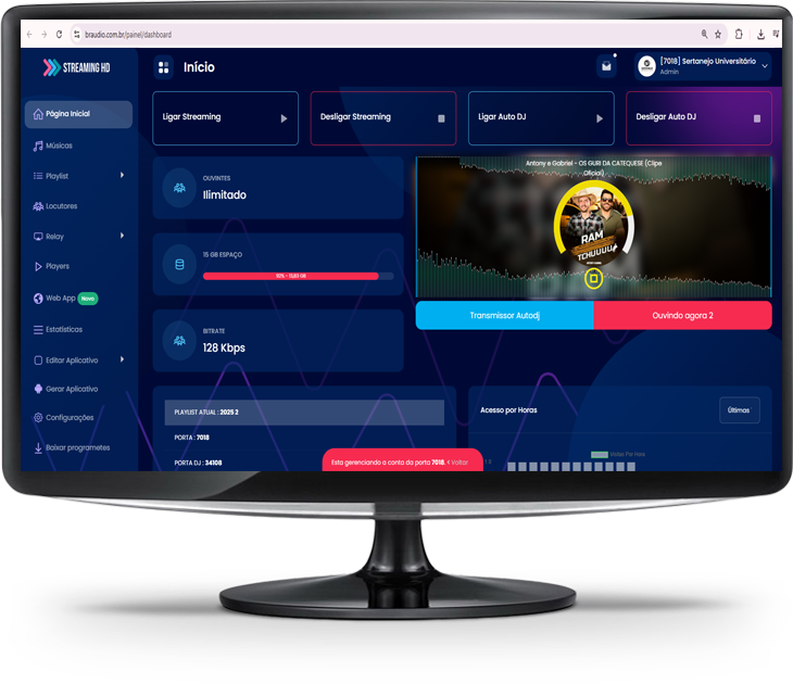 Nova interface do painel Streaming HD
